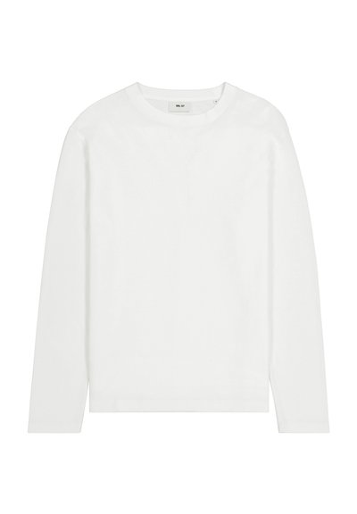 Long-sleeve white cotton T-shirt with a round neck, straight hem, and minimal design. Smooth texture, no patterns or accents.