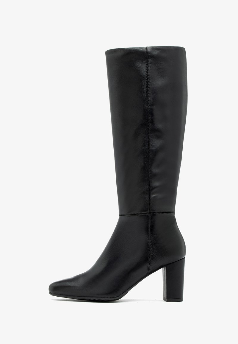 Black knee-high leather boot with a pointed toe and a block heel. Smooth texture, minimal stitching, and vertical seam detail on the shaft.