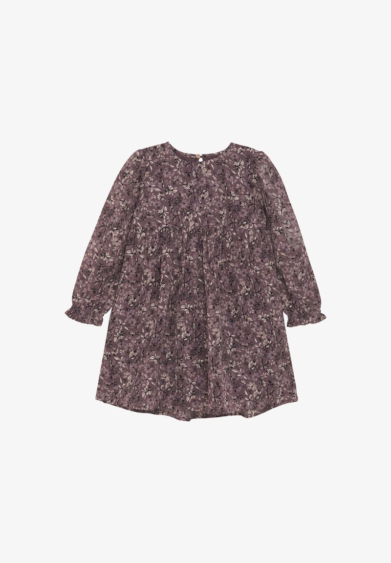 Lila Blumenkleid mit langen Ärmeln, rundem Ausschnitt und geraffter Taille. Hergestellt aus leichtem Stoff mit einer sanften Textur und Rüschensäumen.