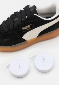 Sneaker nera in suede con accenti in pelle bianca e logo dorato. Include due lacci bianchi a spirale. Suola trasparente in gomma visibile.