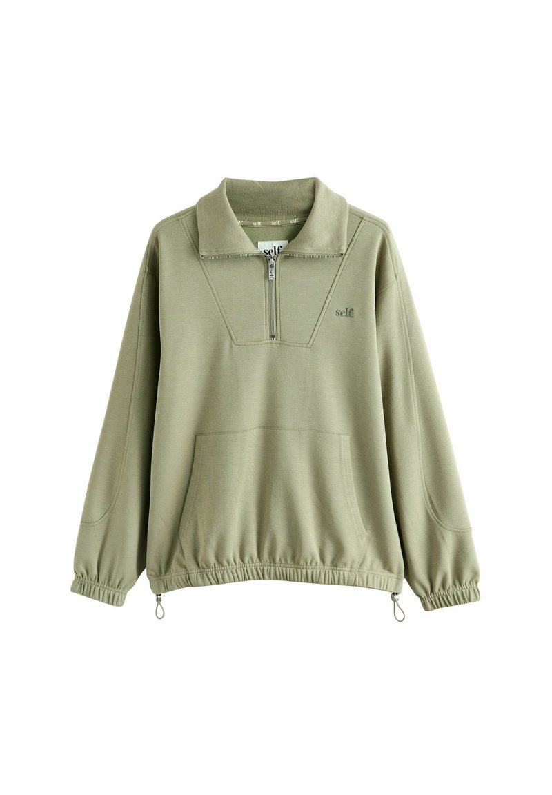 Světle zelený pulovr se zipem do poloviny krku, elastickými manžetami a lemem, a přední klokaní kapsou. Obsahuje detailní logo.