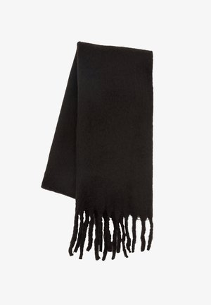 Sciarpa nera realizzata in materiale morbido, con un design semplice e bordi frangiati. Texture uniforme con una finitura liscia.
