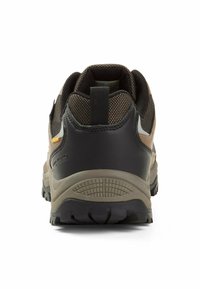 Braune und schwarze Wanderschuhe mit einem strukturierten Mesh-Obermaterial, gepolstertem Fersenbereich und einer robusten Gummisohle. Verstärkter Zehenschutz sichtbar.
