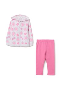 Sudadera con cierre de color gris claro y patrón floral rosa, acompañada de leggings sólidos rosa a juego. Tejido de algodón suave, con capucha y cinturilla elástica.