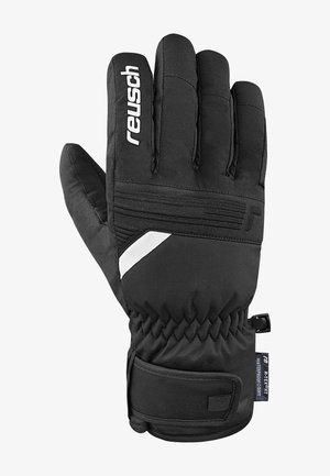 Black insulated glove with waterproof fabric, featuring a white accent, cinched wrist, and a textured grip area. Brand logo visible.