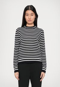 Maglione a righe blu navy e bianche con scollo tondeggiante e maniche lunghe, caratterizzato da polsini e orlo a coste, realizzato in un morbido materiale a maglia.