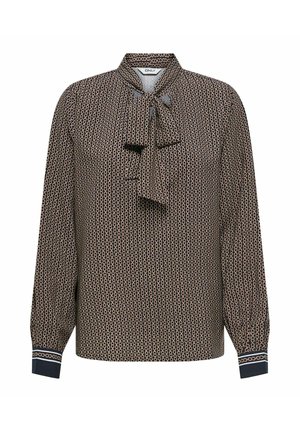 Blusa marrone a fantasia con colletto a fiocco, maniche lunghe e polsini a contrasto. Presenta un design geometrico in toni dorati e scuri.