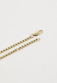 Gouden metalen ketting met ronde schakels, een glanzende afwerking en een karabijnhaak voor een veilige sluiting. Gladde textuur met een gepolijste uitstraling.