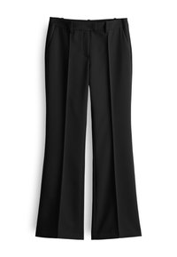 Pantaloni neri su misura con un design a gamba larga, realizzati in tessuto morbido. Presentano tasche frontali e una parte frontale piatta con pieghe.