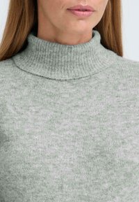 Hellgrüner Rollkragenpullover aus strukturiertem Strickstoff, mit einem gerippten Kragen und einem weichen, leicht marmorierten Muster.