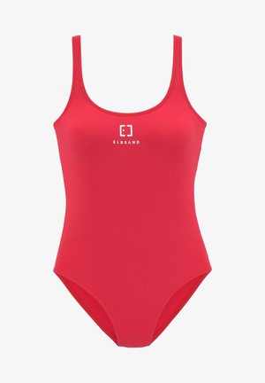 Maillot de bain une pièce rouge en tissu lisse, doté de fines bretelles et d'un logo imprimé en blanc sur le devant. Coupe classique et design simple.