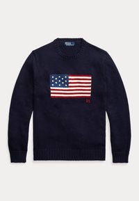 Navy blue long-sleeve sweater with knitted American flag and red "RL" initials on chest, ribbed cuffs and hem.