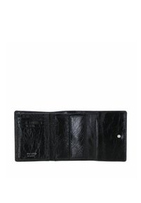 Portefeuille en cuir noir à finition texturée, doté de plusieurs emplacements pour cartes, un emplacement transparent, et une fermeture à pression, marqué de la marque "Picard Germany".