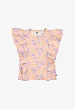 Pink short-sleeve blouse with ruffled sleeves and lavender and beige leaf floral print, round neckline, and soft fabric texture.
