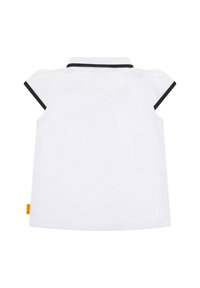 Polo shirt bianco a maniche corte con colletto e bordi neri. Presenta un design semplice con tessuto morbido e un'etichetta con logo sul lato.