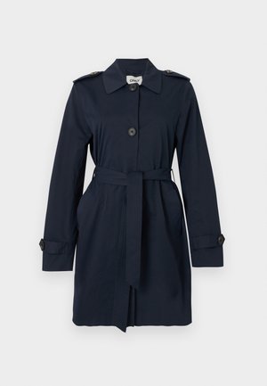 Trench-coat bleu marine à manches longues avec ceinture à la taille, devant boutonné, épaulettes aux épaules et poignets boutonnés.