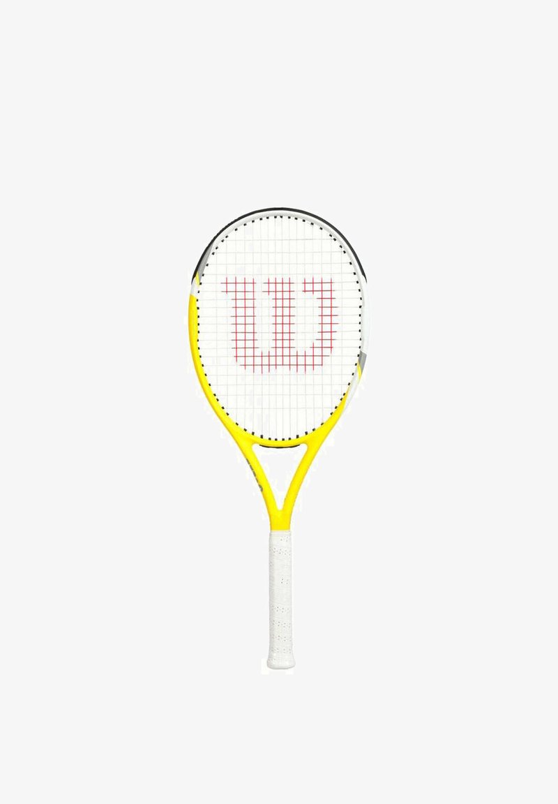 Tennisschläger mit einem gelben Rahmen, weißem Griff und einem Rautenmuster. Hat ein markantes rotes "W"-Logo auf den Saiten.