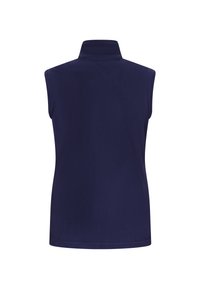 Marinblå ärmlös fleece-topp med hög krage, slät yta och enkel design. Inga synliga sömmar eller dekorationer på baksidan.