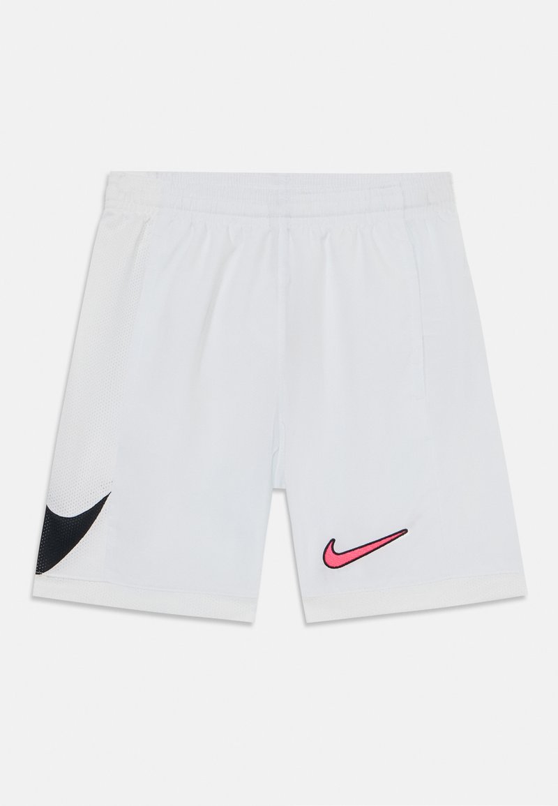 Biele športové šortky vyrobené z ľahkého materiálu, s čiernou sieťovanou časťou a ružovou vyšitou značkou Nike na prednej strane.