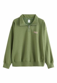 Olive green sweatshirt with a half-zip collar. Features "PARIS" in light pink text on the chest. Made of soft, textured fabric.
