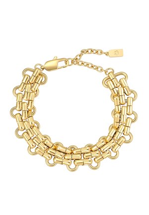 Armband aus dreifacher Goldkette mit zylindrischen Gliedern, verbunden durch abgerundete Schlaufen und einem Karabinerverschluss mit verstellbarer Verlängerungskette.