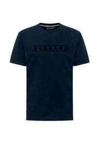 Marineblaues Baumwoll-T-Shirt mit kurzen Ärmeln, rundem Ausschnitt und einem auffälligen schwarzen "ELBSAND"-Logo auf der Brust.