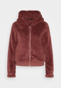 Burgundowa hoodie z zamkiem błyskawicznym, wykonana z miękkiego, puszystego materiału, z dużym kapturem, ribbowanymi mankietami i skróconym dołem. Gładki zamek błyskawiczny z przodu.