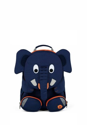 Navy blue children's backpack shaped like an elephant with ears, eyes, trunk, tusks, and orange-trimmed pockets on a white background.