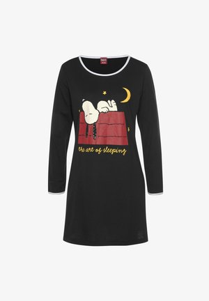 Black nightdress featuring a graphic of a sleeping dog on a red doghouse, surrounded by stars and a crescent moon. Long sleeves with white trim.