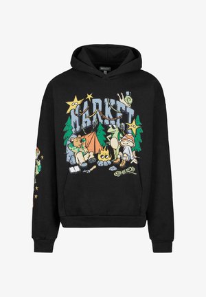 Felpa nera con cappuccio con una grafica a tema campeggio colorata, che presenta personaggi illustrati, alberi e una tenda sul davanti. Materiale morbido, vestibilità comoda.