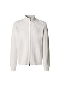 Maglione bianco a coste con collo alto, zip frontale integrale, maniche lunghe e un motivo testurizzato su tutta la superficie.
