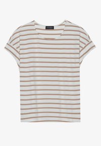 Randig t-shirt i off-white och ljusbrun, tillverkad av mjukt material, med rund halsringning och korta ärmar samt en avslappnad passform.