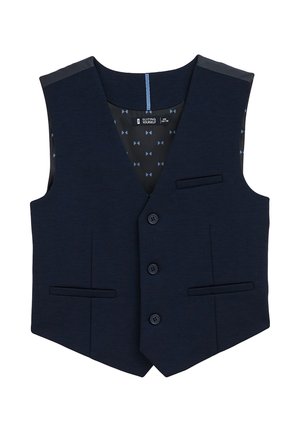 Jūrinės mėlynos spalvos siuvinėtas liemenis su trimis sagomis, trimis priekinias kišenėmis ir raštuotu vidiniu pamušalu su mažomis peteliškių dekoracijomis.