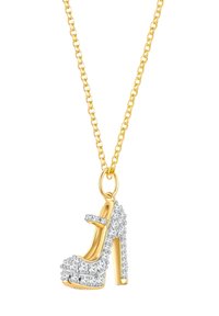 Guld-tonad halsband med en klackskor charm, prydd med klara rhinstenar, som har ett band och en avsmalnande klackdesign.