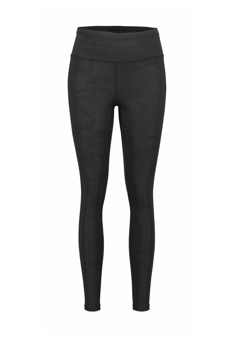 Černé legíny s vysokým pasem, texturovaným designem s jemnými vzory a obepnutým střihem pro elegantní vzhled.