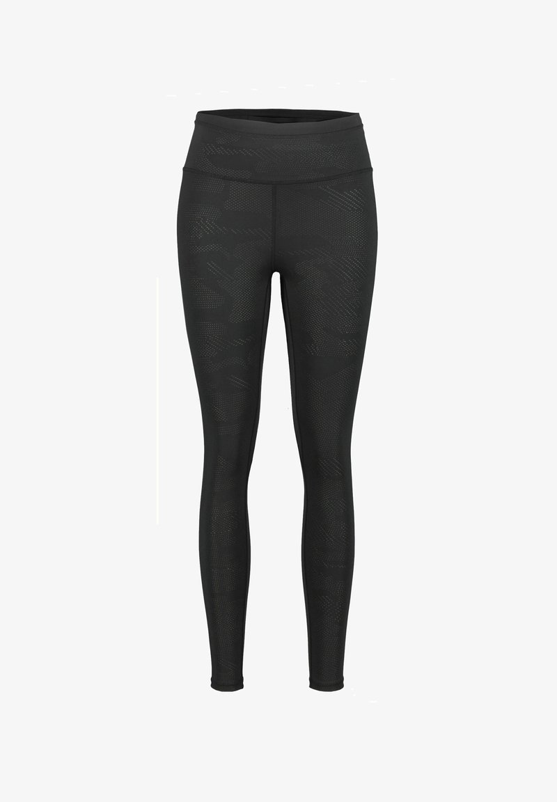 Černé legíny s vysokým pasem, texturovaným designem s jemnými vzory a obepnutým střihem pro elegantní vzhled.