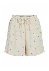 Beżowe szorty wykonane z lekkiego materiału z elastycznym paskiem w talii, ozdobione czarnymi geometrycznymi wzorami i sznurkiem do wiązania.