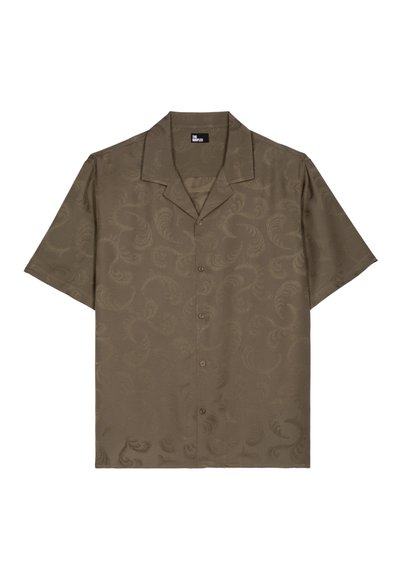 Camicia a maniche corte con bottoni, in tessuto verde oliva con un sottile motivo a vortice e un design del colletto rilassato.