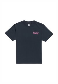Navyblaues Baumwoll-T-Shirt mit kurzen Ärmeln und Rundhalsausschnitt. Mit einem pinken "ELEMENT"-Logo auf der linken Brust. Einfaches Design.