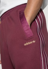 Vinröda sportbyxor i mjukt material, med vita trekantsränder längs sidan och en gold logotyp på den främre fickan.