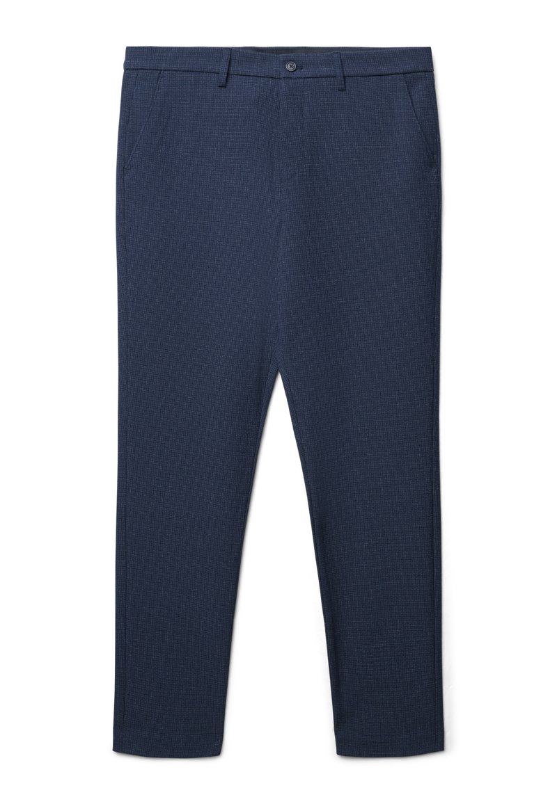 Dunkelblaue Hose mit strukturiertem Muster, schlankem Schnitt, zwei Fronttaschen und Knopfverschluss. Leichter Stoff, maßgeschneiderte Silhouette.