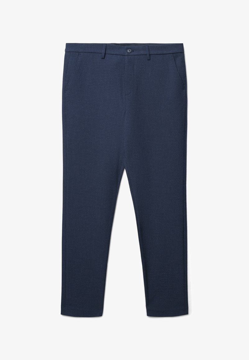 Navy blue trousers with a textured pattern, slim fit design, two front pockets, and a button closure. Lightweight fabric, tailored silhouette.