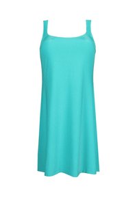 Turkoosi hihaton mekko, jossa on neliömäinen pääntie, ribbineulos ja väljä, polven yläpuolelle ulottuva malli. Pehmeä kangas, ei näkyviä koristeita.