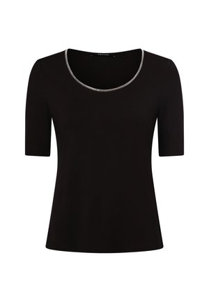 Zwarte damestop met korte mouwen en zilveren rand rond de afgeronde hals, eenvoudig ontwerp en aansluitend silhouet.