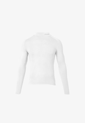 Chemise de sport blanche à manches longues en matériau léger. Présente un col montant et des motifs texturés sur les manches et le dos. Logo de la marque sur le col.