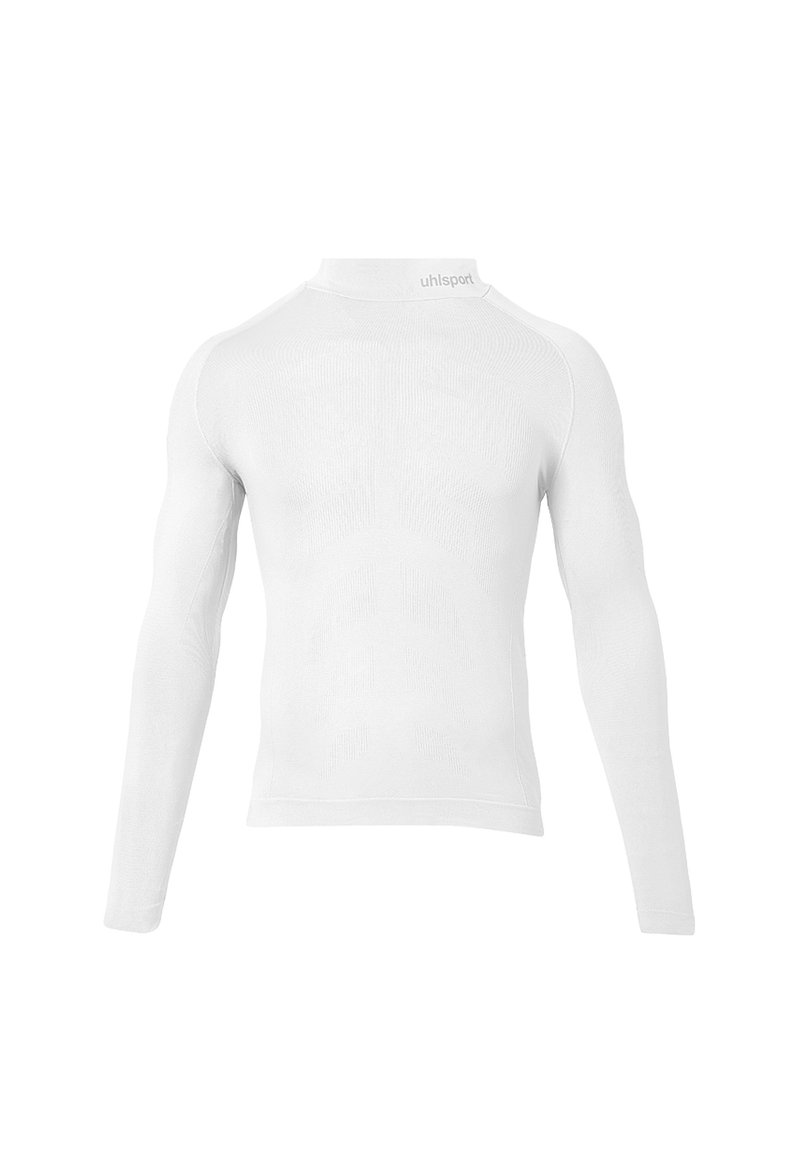 Chemise de sport blanche à manches longues en matériau léger. Présente un col montant et des motifs texturés sur les manches et le dos. Logo de la marque sur le col.