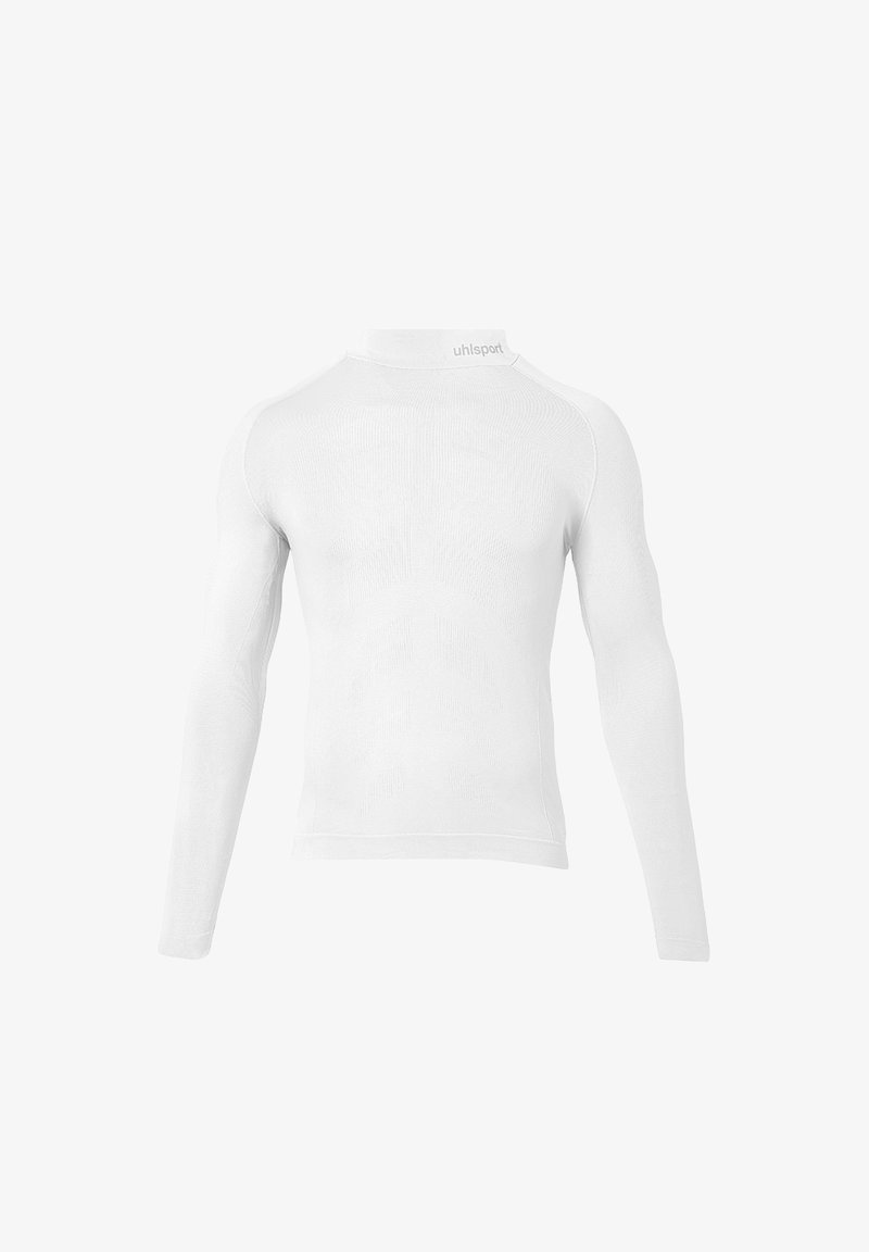 White long-sleeve athletic shirt made of lightweight material. Features a mock neck and textured patterns on sleeves and back. Brand logo on collar.