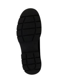 Zwarte rubberen schoenenzool met een patroonontwerp voor grip, gekenmerkt door dikke, horizontale en verticale looplijnen voor grip en stabiliteit.
