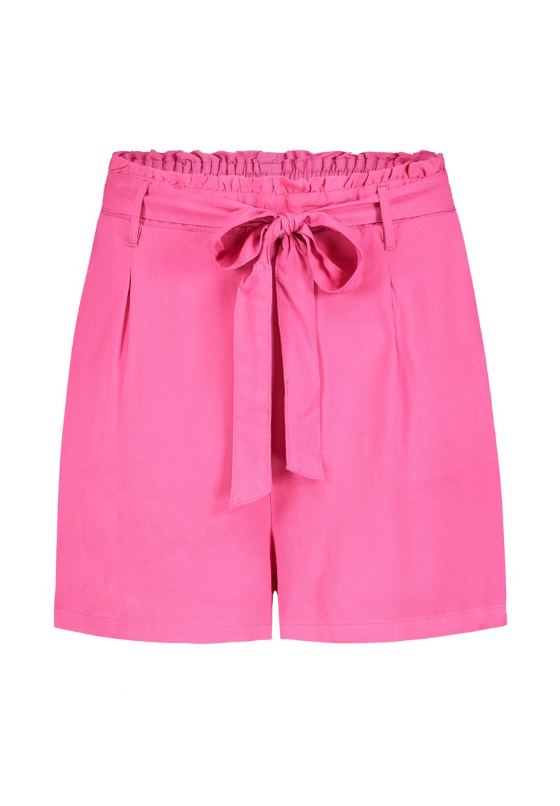 Bright pink shorts made of smooth fabric, featuring an elastic waistband, tie detail at the front, and pleats.