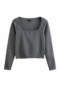 Haut gris à manches longues avec un col carré, texture côtelée et coupe cropped. Présente des ourlets nets et un design minimaliste, sans matériel visible.